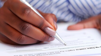 A close-up of a hand signing an official document with a serious expression, representing personal accountability for actions, Accountability