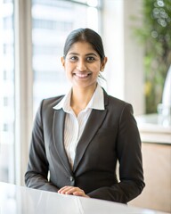 Fototapeta premium Image of a smiling india woman working at a hotel reception or in the hospitality industry, wearing suit looking at the camera from the front, with copy space