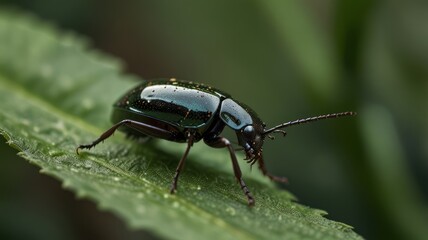 Naklejka premium A close-up of a shiny, dark green beetle with brown legs and antennae, perched on a green leaf.