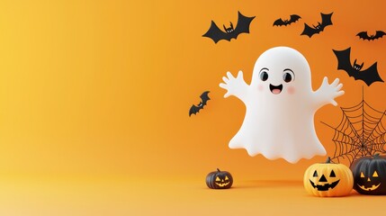 Obraz premium Cute ghost with bats and spider webs on orange background