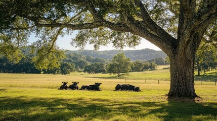 Fototapeta premium Cows Relaxing Under Tree on Ranch