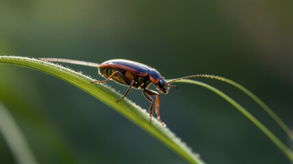 Fototapeta premium A small, black and red beetle with long antennae is perched on a blade of green grass in a close-up shot.