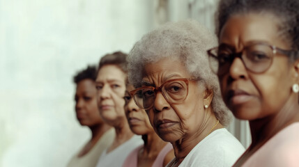 Obraz premium Portrait of a group of gay elderly black and white women profiles standing in line looking serious, angry, or tired of suppression, sexism, and racism