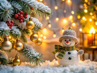 Obraz premium Snowman on Christmas Tree Branch with Fireplace Background - Festive Architectural Photography