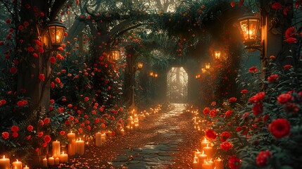 Enchanted Rose Garden Path with Candlelight