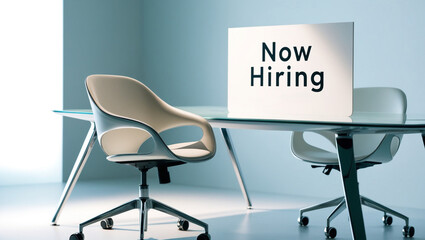 Empty Office Chair with 'Now Hiring' Sign on Desk