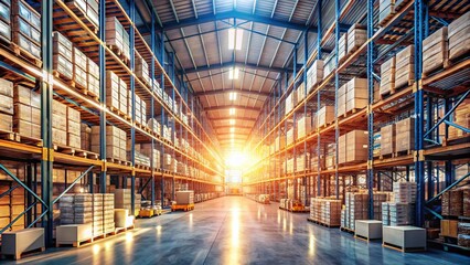 Fototapeta premium Spacious Warehouse Interior with Containers and Sunlight for Logistics and Storage Operations