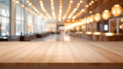 The wood table top on a blurred interior background	
