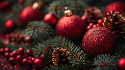 Red Christmas ornaments with pine branches and cones for the holidays