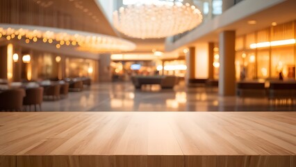 The wood table top on a blurred interior background	
