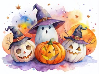 Spooky Ghosts and Pumpkin Jack o' Lanterns with Witch Hats - Festive Halloween Watercolor Art