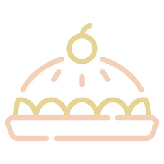 A minimalistic illustration of a cloche covering a platter, garnished with a cherry, representing gourmet cuisine.