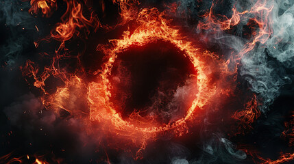 A glowing red ring engulfed in flames and smoke, creating a powerful and intense visual of energy and heat, symbolizing strength and mystery.
