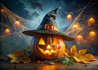 Spooky Halloween Pumpkin with Hat in Night Photography for Festive Fall Decor