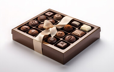 A beautifully arranged box of assorted chocolates featuring a mix of dark, milk, and white varieties, perfect as a sweet gift or dessert for any occasion