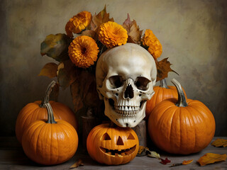 Still life pumpkin with skull