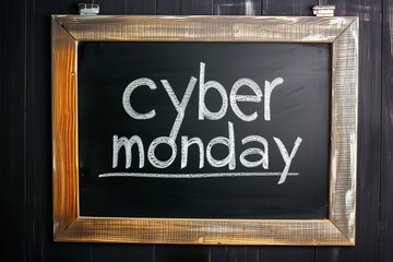 "Cyber Monday" is written on a blackboard with a dark backdrop, Generative AI.