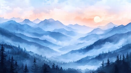 Obraz premium Serene Mountains at Sunrise with Misty Landscape