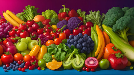 Vibrant display of organic fruits, Colorful natural vegetables and fruits vegan fresh healthy food in rainbow colors background.