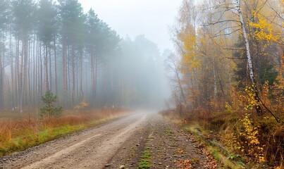 Obraz premium Fall hazy road through the forest. stunning natural setting, Generative AI.