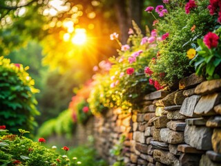 Stone Garden Wall in Tranquil Outdoor Setting with Lush Greenery and Vibrant Flowers for Serene Landscape Photography