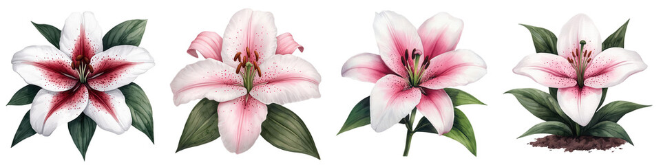 Fototapeta premium Lily flowers with pink petals, white background