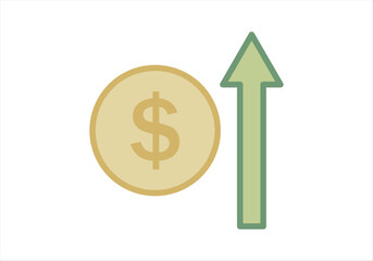 Moneda dorada de dólar con flecha verde de aumento