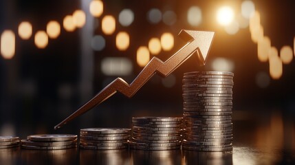 Stacks of Coins with Upward Arrow Representing Financial Growth and Success in Blurred Background

