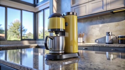 Stunning 3D Render of a Yellow and Black Coffee Maker in a Modern Kitchen Setting