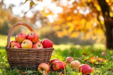 basket full of fresh apples sitting on a grassy field