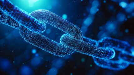 Abstract digital chain made of glowing particles in blue tones.