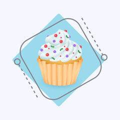 3d cartoon style cupcake with whipped cream and sprinkles icon. Realistic sweet dessert or muffin on white background flat vector illustration. Pasty, party, unhealthy food concept