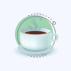 3d cartoon style cup of hot tea and saucer icon. Mug of coffee or hot drink with steam on white background flat vector illustration. Beverage, morning, energy concept