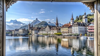 Stunning Architectural Photography of Lucerne Town on Lake Lucerne with Majestic Alps Mountains in the Background