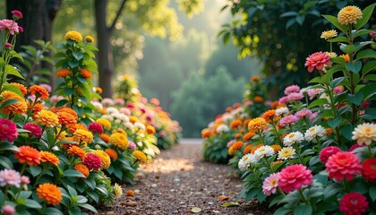 Naklejka premium Enchanting Garden Scene Full of Colorful Blooms Featuring Happy Maha Navami Typography Celebrating Nature’s Beauty and Traditions.