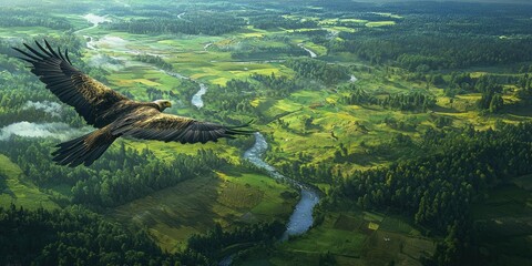 Obraz premium Eagle Soaring Over Scenic High Altitude Landscape