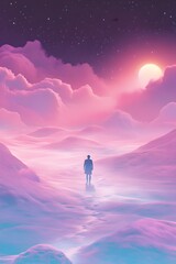 Fototapeta premium Solitary Figure Traversing Ethereal Landscape in Dreamlike Sunset Scenery