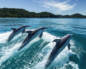 Fototapeta premium Dolphins Swimming in the Bay of Islands Tour
