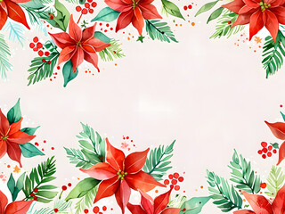 Beautiful watercolor paintings Bright red poinsettia flowers green holly leaves Arrange in rows for the festival on a white background Create a warm and festive atmosphere.
