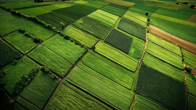 An aerial view of a patchwork of green fields in the countryside