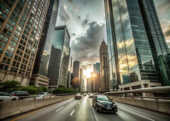 Naklejka premium Stunning Cityscape: Driving Through Skyscrapers with a Tilt-Up Perspective for Urban Photography