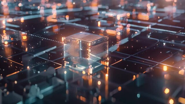 A single blue cube glows in the center of a digital network, surrounded by other blocks, Create a representation of the transparent and immutable nature of data storage on a Blockchain