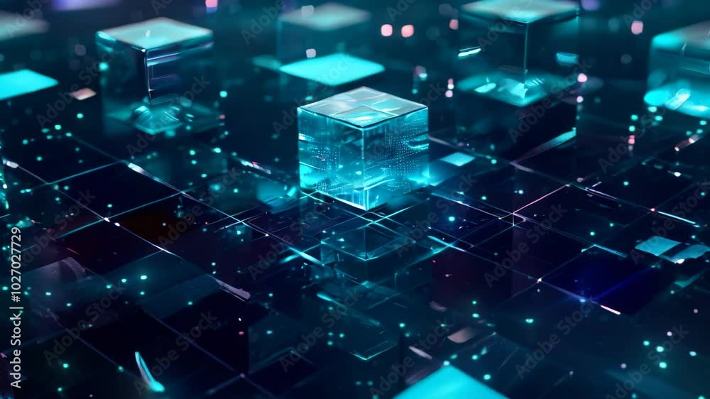 Poster a close-up video of a digital chain link, rendered in a 3d, blue-toned environment, create a represe