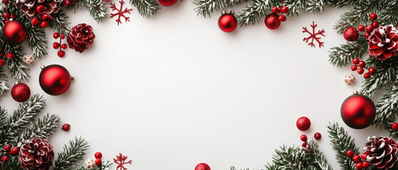 festive decoration with Christmas ball ornaments and Christmas tree pine fir leaf on the edge on a white background with empty space in the middle