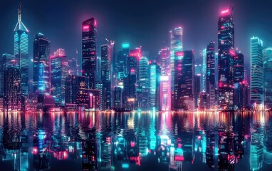 Nighttime Futuristic Cityscape with Towering Skyscrapers