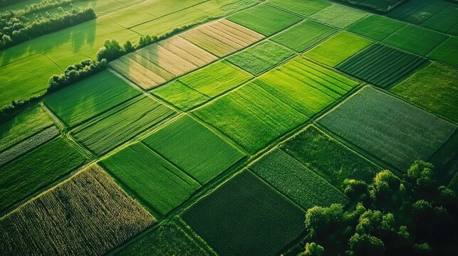 Aerial View of Large Farm Fields Divided into Sections