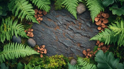 Naklejka premium A Stone Surrounded by Lush Green Ferns and Moss