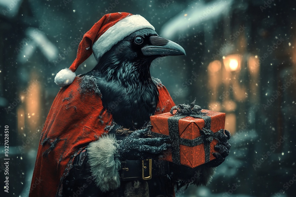 Canvas Prints A black raven wearing a Santa hat and red cloak holds a wrapped gift in a snowy winter forest.