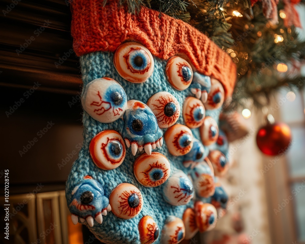 Sticker A blue and orange knitted Christmas stocking with multiple googly eyes attached.