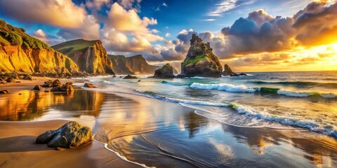 Stunning Double Exposure of Beach and Volcanic Coastline for Scenic Nature Photography